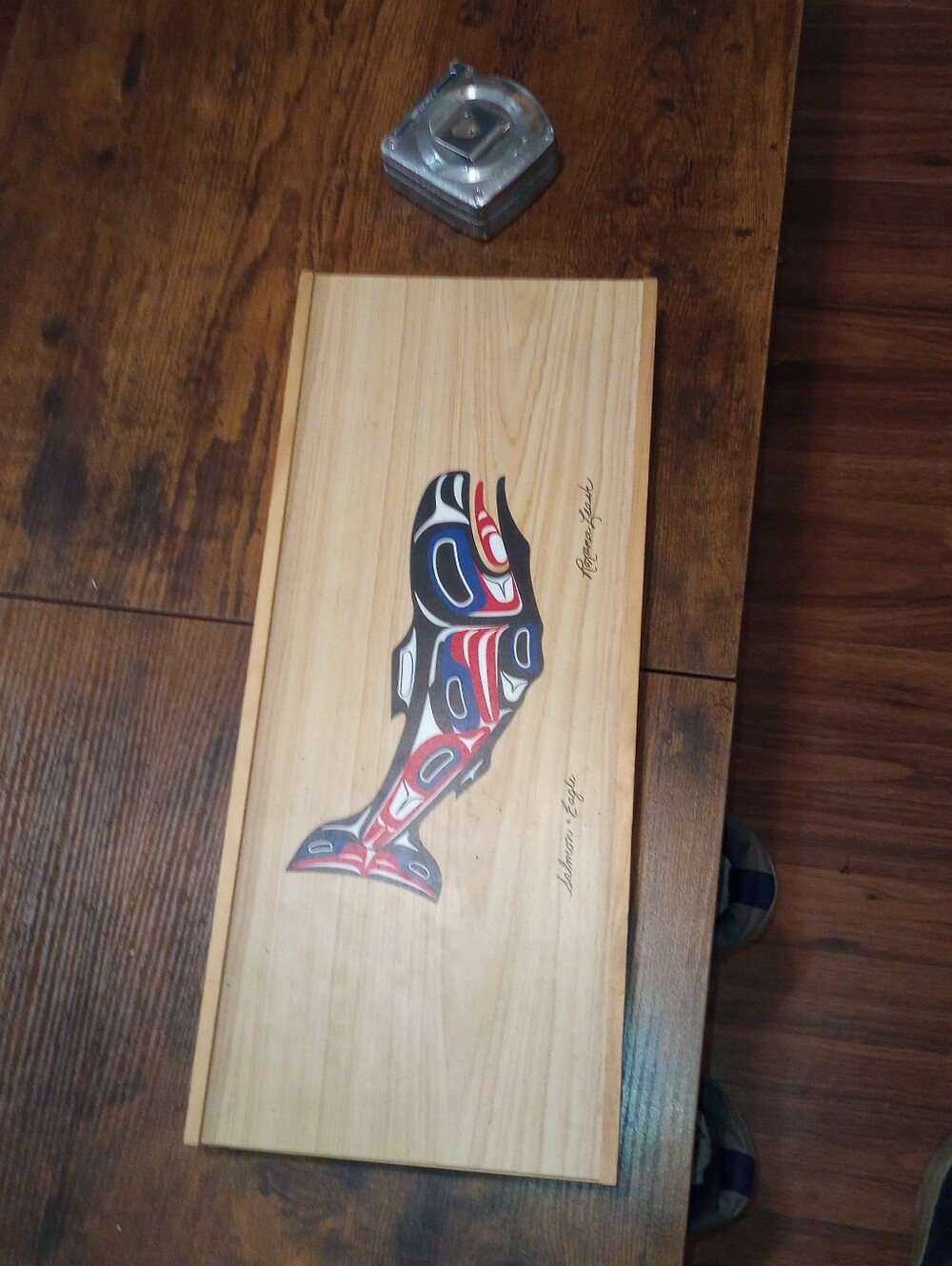 Roxana Leask Artist signed Salmon And Eagle Wooden Box